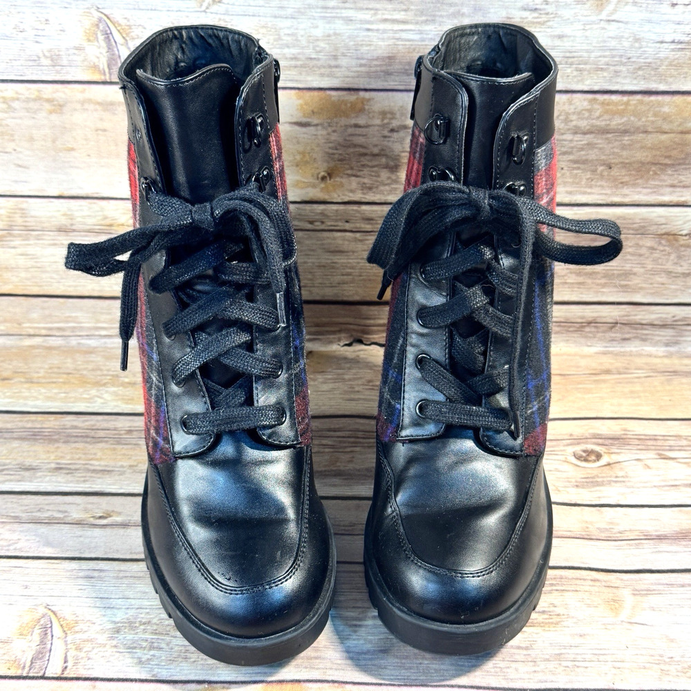 Michael Kors Womens Black Faux Leather & Plaid Chunky Heel Lace Up Logan Boots - Picture 3 of 10